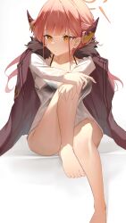 Rule 34 | 1girl, absurdres, adapted costume, aru (blue archive), ayu (user xkhp7843), bare legs, barefoot, bikini, bikini under clothes, black bikini, blue archive, blunt bangs, blush, bottomless, breasts, closed mouth, coat, coat on shoulders, commentary, convenient leg, curved horns, demon girl, demon horns, eyelashes, feet, full body, fur-trimmed coat, fur trim, hair on horn, halo, hand on own knee, highres, horns, knee up, large breasts, legs, light frown, long hair, long sleeves, looking to the side, pink hair, pink halo, school uniform, see-through clothes, see-through shirt, shirt, simple background, solo, swimsuit, thighs, toes, tsurime, v arms, white background, white shirt