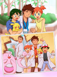 1girl 3boys ash_ketchum asymmetrical_hair bare_legs blue_eyes blush breasts brock_(pokemon) chansey cosplay creatures_(company) game_freak gen_1_pokemon gintarou_(puipuiginta) green_eyes gym_leader hair_bun hair_tie highres joy_(pokemon) joy_(pokemon)_(cosplay) legs looking_at_viewer misty_(pokemon) multiple_boys nintendo nurse one_eye_closed orange_hair pikachu pokemon pokemon_(anime) pokemon_(classic_anime) ponytail proctor_(pokemon) shirt short_hair side_ponytail simple_background single_hair_bun small_breasts standing thighs wink