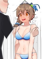 1boy 1girl bikini blue_bikini blush braid breasts brown_hair cleavage collarbone faceless faceless_male facing_another full-face_blush groin hair_ornament hair_scrunchie hetero highres holding_another&#039;s_arm idolmaster idolmaster_cinderella_girls kamille_(vcx68) medium_breasts navel nervous_smile nervous_sweating producer_(idolmaster) scrunchie senkawa_chihiro smile stomach sweat swimsuit tiara
