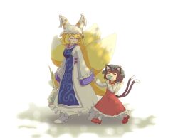 2girls animal_ear_piercing animal_ears animal_hat ay606078 bag blonde_hair blue_tabard bow bowtie breasts brown_hair cat_ears cat_tail chen chinese_commentary closed_eyes closed_mouth clothes_grab commentary_request dress earrings eating food fox_tail green_hat hat high_heels highres holding holding_bag hoop_earrings jewelry kitsune long_sleeves mob_cap multiple_girls multiple_tails nekomata popsicle red_dress red_shoes shoes single_earring sleeve_grab smile spring_onion tabard tail touhou two_tails walking white_shoes yakumo_ran yellow_bow yellow_bowtie