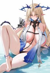 1girl absurdres areola_slip armpit_crease ateoyh bare_shoulders barefoot black_dress blonde_hair blue_eyes blue_hair breast_curtains breasts commentary crown_of_thorns dress feet fleurdelys_(wuthering_waves) hand_on_own_knee highres horns huge_breasts long_hair looking_at_viewer nipple_slip nipples paid_reward_available parted_bangs parted_lips pointy_ears shallow_water short_dress simple_background single_horn sitting solo tacet_mark_(wuthering_waves) thighs toes variant_set very_long_hair water wet white_background wuthering_waves yellow_horns