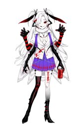 1girl 3am :q arthropod_girl artist_request asymmetrical_legwear black_boots black_bow black_sclera blood blood_on_clothes boots bow can collared_shirt colored_sclera colored_skin extra_arms hair_bow hair_over_one_eye high_heel_boots high_heels holding holding_can insect_girl jewelry long_hair lyra_calyptra moth_girl necklace official_art pleated_skirt purple_skirt red_eyes shirt skirt solo thigh_boots tongue tongue_out white_hair white_shirt white_skin
