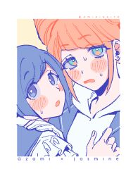 2girls amiri_ari blue_eyes blue_hair blunt_bangs blush character_name collared_shirt commentary_request cone_hair_bun double_bun frilled_shirt frilled_sleeves frills fukurai_azami hair_bun hand_on_another&#039;s_shoulder hood hood_down hoodie jaggy_lines limited_palette looking_at_viewer looking_back multiple_girls nervous_sweating open_mouth orange_hair shirt short_hair sweat tomarigi_yasumi toshi_densetsu_kaitai_center upper_body