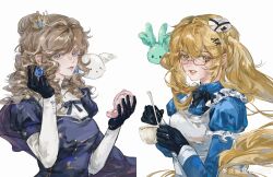 2girls absurdres apron axis_powers_hetalia bear270901 blonde_hair blue_eyes blush cape compact_(cosmetics) cosmetics creature crown cup france_(female)_(hetalia) genderswap genderswap_(mtf) glasses gloves green_eyes hair_ornament hairclip hat highres holding holding_compact holding_cup holding_spoon long_hair looking_at_viewer mini_crown mini_hat multiple_girls neck_ribbon ribbon shirt simple_background smile spoon twintails united_kingdom_(female)_(hetalia) upper_body watermark weibo_watermark white_background