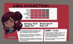 boku_no_hero_academia cape chibi commentary dark-skinned_female dark_skin earrings english_commentary english_text fangs green_skirt grey_jacket jacket jewelry long_hair original pantyhose pointy_ears red_cape red_eyes red_hair red_pantyhose redringo188 school_uniform shirt skirt slippers solo stats stud_earrings u.a._school_uniform vampire white_shirt