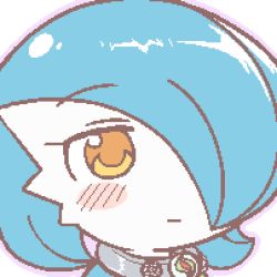 1girl alternate_color blue_hair blue_skin blush blush_stickers bob_cut closed_mouth collar colored_skin creatures_(company) expressionless female_focus game_freak gardevoir gen_3_pokemon hair_over_one_eye half-closed_eyes icon_(computing) lotosu lowres mega_stone meme multicolored_skin nintendo orange_eyes outline pokemon pokemon_(creature) portrait purple_outline shiny_pokemon short_hair simple_background solo two-tone_skin white_background white_skin
