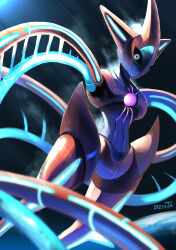 ._. black_sclera colored_sclera commentary deoxys deoxys_(attack) earth_(planet) english_commentary gen_3_pokemon highres light looking_at_viewer mythical_pokemon nintendo no_humans penta_oekaki planet pokemon pokemon_(creature) solo space tentacles
