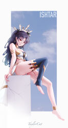 1girl absurdres armlet artist_name bare_arms bare_shoulders barefoot black_hair breasts character_name earrings fate/grand_order fate_(series) feet from_side gold_armlet gold_earrings gold_trim hair_ribbon highres ishtar_(fate) jewelry leg_up long_hair medium_breasts red_eyes ribbon single_bare_leg single_sleeve single_thighhigh sitting sitting_on_object solo stirrup_legwear taylorcat thighhighs thighs tiara toeless_legwear toenails toes