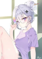 1girl ayatsuno_yuni bespectacled black_shorts daimi_94 glasses hair_bun hair_ornament hand_up hashtag-only_commentary highres knee_up looking_at_viewer medium_hair parted_lips pencil purple_eyes purple_shirt round_eyewear shirt short_sleeves shorts sitting solo stellive thighs virtual_youtuber white_hair x_hair_ornament