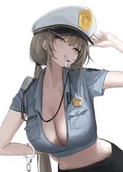 Rule 34 | 1girl, black skirt, blonde hair, blue shirt, blush, breasts, cleavage, cropped shirt, cuffs, handcuffs, hat, highres, laneigu, large breasts, long hair, looking at viewer, midriff, miniskirt, mole, mole on cheek, original, police, police hat, police uniform, policewoman, shirt, simple background, skirt, solo, upper body, very long hair, whistle, whistle around neck, white background, yellow eyes, yuzu (laneigu)