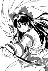 Rule 34 | 1girl, ainu clothes, artist name, black hair, fighting stance, fingerless gloves, gloves, hair ribbon, highres, legs, long hair, looking at viewer, monochrome, nakoruru, outstretched arm, pants, ribbon, samurai spirits, serious, snk, solo, the king of fighters, thighs, weapon