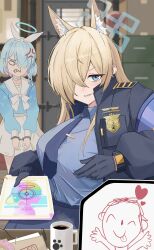 Rule 34 | 1boy, 2girls, absurdres, anger vein, angry, animal ear fluff, animal ears, arona (blue archive), black gloves, black jacket, blonde hair, blue archive, blue eyes, blue hair, blue halo, blue necktie, blue shirt, blurry, blurry background, bound, bound wrists, breasts, cabinet, choker, coffee, coffee mug, collared shirt, colored inner hair, cuffs, cup, desk, dog ears, donut, doodle sensei (blue archive), door, food, gloves, hair over one eye, halo, handcuffs, hashtag-only commentary, heart, highres, indoors, jacket, kanna (blue archive), large breasts, long hair, long sleeves, looking at viewer, mug, multicolored hair, multiple girls, necktie, open clothes, open jacket, pink hair, police badge, recruitment (blue archive), sailor collar, sensei (blue archive), sharp teeth, shirt, sitting, skirt, smile, steam, teeth, tongue, tongue out, white choker, white sailor collar, white skirt, zi0807, zipper