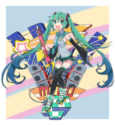 1girl black_skirt black_sleeves black_thighhighs blue_eyes blue_hair blue_necktie breasts collared_shirt commentary_request detached_sleeves gradient_hair grey_shirt hatsune_miku holding long_hair medium_breasts miniskirt mogamiya_honu multicolored_hair necktie open_mouth roller_skates shirt skates skirt solo speaker star_(symbol) thighhighs twintails very_long_hair vocaloid