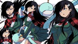 Rule 34 | 4girls, absurdres, aiming, aiming at viewer, asymmetrical hair, black cape, black hair, blazer, blue eyes, border, bow, bowtie, burn the witch, cape, checkered cape, checkered clothes, clone, coat, doll, dress shirt, floating clothes, floating hair, frown, green coat, green skirt, grey background, gun, hair between eyes, hair ornament, hair over shoulder, hairpin, highres, holding, holding doll, holding gun, holding toy gun, holding weapon, jacket, jesse schickler, long hair, looking ahead, looking at viewer, looking to the side, looking up, miniskirt, multiple expressions, multiple girls, niihashi noel, open mouth, outside border, parted lips, pleated skirt, red bow, red bowtie, red cape, school uniform, shirt, simple background, skirt, stuffed toy, thigh strap, thighs, toy gun, two-tone cape, weapon, white border, white shirt