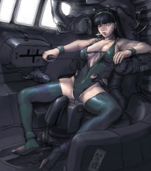 1girl bad_id bad_pixiv_id black_hair breasts cigarette cleavage cockpit female_focus junny original sexually_suggestive solo thighhighs translation_request