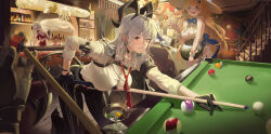 1boy 4girls absurdres alternate_costume arm_pouch armband bar_(place) bare_shoulders bartender billiards black_armband black_choker black_gloves black_horns black_jacket black_pants black_pouch blonde_hair blue_bow blue_bowtie bottle bow bowtie breasts button_gap carlotta_(wuthering_waves) chest_harness choker ciaccona_(wuthering_waves) collared_shirt commentary_request cup curled_horns dress drinking_glass earrings feather_pen113 gloves hair_between_eyes hair_ornament harness hat highres holding holding_polearm holding_weapon horns jacket jacket_on_shoulders jewelry key_earrings korean_commentary large_breasts leotard long_hair looking_at_viewer male_rover_(wuthering_waves) multicolored_hair multiple_girls music necktie pants pantyhose parted_lips phoebe_(wuthering_waves) polearm pool_table pov pov_hands red_dress red_eyes red_necktie rover_(wuthering_waves) shirt singing smile stage streaked_hair table tacet_mark_(wuthering_waves) weapon white_dress white_hat white_leotard white_pantyhose wuthering_waves x_hair_ornament zani_(wuthering_waves)