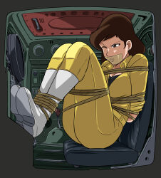absurdres arms_behind_back bdsm bondage bound bound_ankles bound_arms breasts brown_eyes brown_hair cleavage gag gagged highres improvised_gag lost_one_zero lupin_iii medium_breasts mine_fujiko tape tape_gag