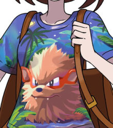 1girl alternate_costume arcanine asatsuki_(fgfff) backpack bag brown_bag brown_hair character_print collarbone commentary_request gen_1_pokemon gloria_(pokemon) hand_up holding_strap lowres medium_hair nintendo pokemon pokemon_swsh print_shirt shirt short_sleeves simple_background solo t-shirt upper_body white_background