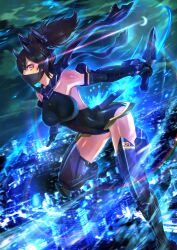 1girl armor armored_boots asura_ninja bare_shoulders black_leotard boots breasts brown_hair city city_lights cityscape cloud crescent_moon dual_wielding elbow_gloves gloves glowing headgear highres holding holding_sword holding_weapon large_breasts leotard light_trail looking_at_viewer mask megami_device moon mouth_mask night night_sky ninja ninja_mask outdoors ponytail reverse_grip scarf shingo_(picturepuzzle) short_sword sky solo sword thighhighs variant_set weapon