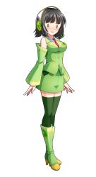 0_0 1girl black_hair blunt_bangs blush boots breasts commentary_request dairi detached_sleeves full_body green_boots green_skirt green_thighhighs headphones headset high_heel_boots high_heels highres knee_boots kyoumachi_seika large_variant_set looking_at_viewer microphone necktie parted_lips red_necktie short_hair skirt smile solo standing tachi-e thighhighs transparent_background variant_set voiceroid wing_collar zettai_ryouiki