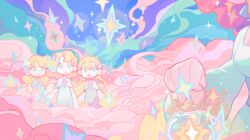 4girls :o absurdres bare_arms blonde_hair bow bowtie braid capelet child cloud confused dot_nose dress earrings green_eyes hair_between_eyes happy highres holding holding_another&#039;s_arm holding_teapot jewelry light_particles long_dress long_hair long_sleeves low_twin_braids medium_hair multiple_girls night night_sky open_mouth original outdoors purple_bow purple_bowtie red_hair size_difference sky smile sparkle square_neckline star_(sky) star_(symbol) star_earrings tareme teapot twin_braids wavy_hair wedjigamja white_capelet white_dress wide_sleeves