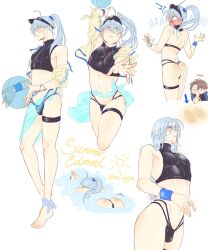 2boys ass ball beachball bishounen blue_hair bulge edmond_(nu_carnival) eiden_(nu_carnival) hair_down halterneck highres light_blue_hair long_hair low_ponytail male_focus multiple_boys nu_carnival nu_jajal ponytail sand_on_skin simple_background surprised swimming thigh_strap thong toned toned_male visor_cap water white_background