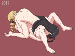 2girls 69 akemi_homura black_hair blonde_hair blush breasts cunnilingus dated drill_hair hidden_face long_hair lying mahou_shoujo_madoka_magica mahou_shoujo_madoka_magica_(anime) multiple_girls nude on_back oral red_background simple_background straight_hair sweat tomoe_mami torinone yuri