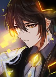 1boy bad_id bad_twitter_id black_hair brown_hair close-up closed_mouth collar collared_shirt earrings genshin_impact hair_between_eyes jewelry long_hair male_focus multicolored_hair necktie shirt simple_background single_earring solo sssss2222 tassel tassel_earrings yellow_eyes zhongli_(genshin_impact)