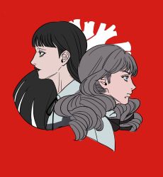 2girls absurdres black_eyes black_hair black_lips black_ribbon blunt_bangs brown_hair collared_shirt cropped_torso face_piercing fear_&amp;_hunger_(series) fear_&amp;_hunger_2:_termina frilled_shirt_collar frills from_side hashtag-only_commentary highres long_hair marina_(fear_&amp;_hunger) mayflyaa mouth_piercing multiple_girls neck_ribbon piercing profile purple_eyes red_background ribbon samarie_(fear_&amp;_hunger) shirt white_shirt