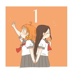 Rule 34 | 2girls, ahoge, animification, arm up, border, bow, braid, brown hair, closed eyes, commentary, countdown, grey sailor collar, grey skirt, hair bow, holding hands, inami anju, kase (ks lys), long hair, love live!, love live! sunshine!!, medium hair, multiple girls, neckerchief, orange background, orange hair, pleated skirt, profile, real life, sailor collar, school uniform, serafuku, shirt, side braid, sideways mouth, simple background, single braid, skirt, smile, summer uniform, takami chika, tie clip, uranohoshi school uniform, voice actor, voice actor connection, white border, white shirt, yellow bow