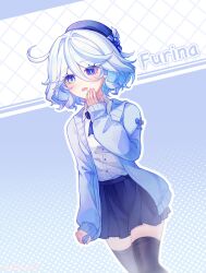 1girl absurdres beret blue_eyes blue_skirt blush bow cardigan character_name cowboy_shot furina_(genshin_impact) genshin_impact hair_between_eyes halftone halftone_background hand_to_own_mouth hand_up hat highres long_sleeves looking_at_viewer mibai_yume open_cardigan open_clothes open_mouth pleated_skirt polka_dot polka_dot_background shirt short_hair skirt sleeves_past_wrists solo thighhighs white_shirt