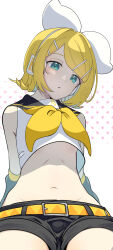 1girl absurdres aqua_eyes arms_behind_back belt black_shorts black_sleeves blonde_hair bow breasts cowboy_shot detached_sleeves from_below hair_bow hair_ornament hairclip head_tilt headphones highres kagamine_rin midriff navel neckerchief noa_(retsuhim6927) parallel_hairclips shirt short_hair shorts signature sleeveless sleeveless_shirt small_breasts solo underboob vocaloid white_bow white_shirt yellow_belt yellow_neckerchief