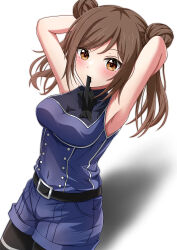 Rule 34 | 1girl, absurdres, armpits, arms behind head, arms up, baseball uniform, belt, belt buckle, bike shorts, bike shorts under shorts, black belt, black gloves, black shorts, blue shirt, blue shorts, blush, brown eyes, brown hair, buckle, buttons, cinderella series, cowboy shot, double-breasted, double bun, glove in mouth, gloves, hachigatsu no cinderella nine, hair bun, highres, kishi fuuka, looking ahead, mouth hold, shinshiro, shirt, short hair, shorts, sleeveless, sleeveless shirt, solo, sportswear, standing, thighhighs, two side up, white background