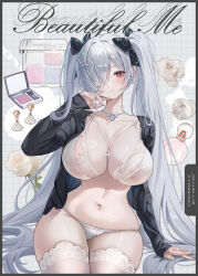 Rule 34 | 1girl, alternate costume, black bow, black jacket, black panties, blush, bow, bra, breasts, choker, cinderella (beautiful me) (nikke), cinderella (nikke), cleavage, closed mouth, earrings, flower, goddess of victory: nikke, hair bow, hair ornament, hair over one eye, highres, jacket, jewelry, lace, lace-trimmed bra, lace trim, large breasts, long hair, long sleeves, makeup, midriff, mrr 05, navel, necklace, official alternate costume, open clothes, open jacket, panties, red eyes, solo, stomach, thighhighs, thighs, twintails, underwear, very long hair, white bra, white hair, white thighhighs