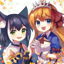 Rule 34 | 2girls, animal ears, ascot, black hair, blonde hair, blue eyes, cat ears, collar, green eyes, hand to hand, highres, karyl (princess connect!), long hair, looking at viewer, multiple girls, open mouth, pecorine (princess connect!), plusplushm, princess connect!, red ascot, side-by-side, tiara