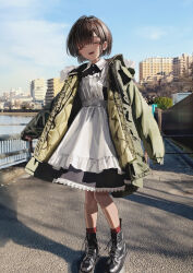1girl ^_^ ^o^ absurdres apron bad_id bad_twitter_id black_dress blue_sky blunt_bangs boots brown_hair building city closed_eyes cloud collared_dress combat_boots day dress fence fur-trimmed_hood fur_trim gishiki_(gshk) green_jacket hair_behind_ear highres hood hood_down jacket knees_together_feet_apart lace_trim light_blush long_sleeves maid maid_apron open_clothes open_jacket original outdoors photo_background red_socks river shadow short_hair sky sleeves_past_fingers sleeves_past_wrists smile socks solo standing tree urban