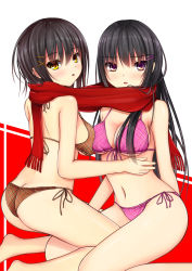 2girls ass bikini black_hair brown_eyes butt_crack front-tie_top highres kurokami_(kurokaminohito) long_hair looking_back multiple_girls navel open_mouth original plaid_bikini plaid_clothes scarf shared_clothes shared_scarf shiny_skin short_hair side-tie_bikini_bottom swimsuit yellow_eyes