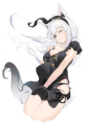 1girl absurdres ahoge animal_ear_fluff animal_ear_piercing animal_ears aqua_eyes black_hairband black_headband black_panties black_shirt black_tail breasts cleavage commentary crossed_bangs double-parted_bangs earrings extra_ears floating_hair fox_ears fox_girl fox_tail hair_between_eyes hairband headband highres hololive jewelry long_hair looking_at_viewer loungewear low-tied_long_hair medium_breasts menomeno_draw multicolored_tail nejima_kitsune_(shirakami_fubuki) no_pants official_alternate_costume one_eye_closed panties pentagram shirakami_fubuki shirakami_fubuki_(loungewear) shirt side-tie_shirt sidelocks simple_background single_bare_shoulder single_earring single_off_shoulder solo tail two-tone_tail underwear virtual_youtuber white_background white_hair white_tail wind
