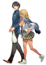 1boy 1girl :d amesuku_gyaru asakura_rensuke bag bare_legs black_eyes black_hair black_pants blonde_hair blue_jacket breasts cleavage colored_tips dark-skinned_female dark_elf dark_elf_no_mori_to_nare dark_skin dress_shoes elf eyeliner fang full_body green_eyes grey_hair gyaru hair_ornament hairpin hand_on_own_hip high_heel_sneakers highres holding holding_bag jacket jacket_on_shoulders jewelry kodama_(wa-ka-me) kogal long_hair looking_at_another makeup medium_breasts miniskirt multicolored_hair necklace no_bra novel_illustration official_art open_mouth pants partially_unbuttoned plaid_clothes plaid_skirt plastic_bag pleated_skirt pointy_ears red_eyeliner second-party_source sheena_grave_zainmery shirt shoes short_hair simple_background skirt smile sneakers streaked_hair talking two-tone_hair walking white_background white_shirt