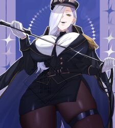 1girl absurdres belt black_coat black_hat black_jacket black_skirt blue_lips breasts brown_pantyhose cleavage coat coat_on_shoulders collared_shirt epaulettes eyeliner fate/grand_order fate_(series) gloves hair_over_one_eye hat highres hiyayaako jacket large_breasts long_hair long_sleeves looking_at_viewer makeup miniskirt mrs._snake_(fate) necktie open_clothes open_mouth pantyhose peaked_cap pencil_skirt shirt skirt smile solo thigh_strap thighs variant_set whip white_gloves white_hair white_shirt