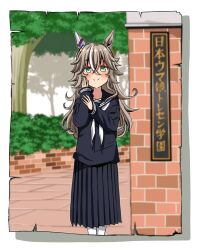 1girl aged_down alternate_costume animal_ears black_sailor_collar black_serafuku black_shirt blue_eyes blurry blurry_background blush bush closed_mouth collarbone commentary_request ear_covers ear_ornament green_eyes grey_hair hair_between_eyes hair_ornament hand_on_own_cheek hand_on_own_face horse_ears horse_girl long_hair long_skirt long_sleeves looking_at_viewer loose_clothes multicolored_hair neckerchief photo_(object) pleated_skirt sailor_collar sailor_shirt school_uniform serafuku shino_(ponjiyuusu) shirt single_ear_cover skirt smile solo standing tracen_academy two-tone_hair umamusume white_hair white_neckerchief wonder_acute_(umamusume)