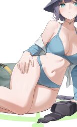 1girl absurdres aqua_eyes bag bare_shoulders bikini blue_archive blue_bikini blue_jacket blush breasts bucket_hat cleavage closed_mouth commentary_request cropped_jacket duffel_bag grey_bag hat highres jacket korean_commentary large_breasts looking_at_viewer navel open_clothes open_jacket raglan_sleeves saki_(blue_archive) saki_(swimsuit)_(blue_archive) samgong short_hair simple_background sitting solo swimsuit thighs v-shaped_eyebrows wet white_background white_jacket yokozuwari
