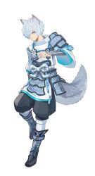 1boy absurdres animal_ears armor artist_request black_boots black_pants boots closed_mouth fubuki_(rune_factory) full_body hair_over_one_eye highres hip_armor leg_armor long_sleeves looking_at_viewer male_focus official_art pants rune_factory rune_factory:_guardians_of_azuma shirt short_hair shoulder_armor simple_background solo standing standing_on_one_leg tail transparent_background white_hair white_shirt