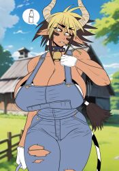 Rule 34 | 1girl, animal ears, black hair, blonde hair, blurry, blurry background, breasts, brown eyes, bursting breasts, cathyl, cleavage, cloud, cow ears, cow girl, cow horns, cow tail, cowbell, dark-skinned female, dark skin, day, female focus, fence, gloves, grass, highres, horns, huge breasts, monster girl, monster musume no iru nichijou, muscular, muscular female, ninja-8004, outdoors, overalls, overalls only, sagging breasts, short hair, sideboob, sky, solo, standing, tail, torn clothes, torn overalls, tree, white gloves