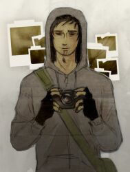 Rule 34 | 1boy, bag, beard stubble, black eyes, black gloves, black hair, camera, cry of fear, facial hair, fingerless gloves, gloves, gradient background, grey hoodie, holding, holding camera, hood, hood up, hoodie, looking at viewer, male focus, photo (object), short hair, shoulder bag, simon henriksson, solo, stubble, taking picture, upper body, urameshial