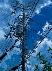 Rule 34 | blue sky, blue theme, cloud, cloudy sky, day, from below, highres, hisachan55cute, no humans, original, outdoors, pixel art, power lines, scenery, sky, sky focus, tree, utility pole