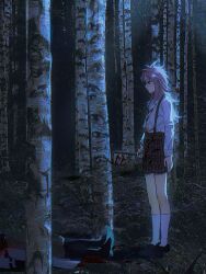 2boys axe birch_tree black_boots black_gloves black_shirt black_shoes blood blood_on_clothes blood_on_face bloody_weapon boots brown_pants brown_shorts chinese_commentary chromatic_aberration coat collared_shirt commentary_request film_grain forest from_side full_body gloves grey_coat hatsutori_hajime highres holding holding_axe kneehighs long_hair male_focus multiple_boys murder nature night open_clothes open_coat outdoors pants photo_background pink_hair plaid_clothes plaid_shorts red_eyes saibou_shinkyoku shirt shoes shorts socks suspender_shorts suspenders theodore_riddle tree weapon white_shirt white_socks yongzhehentai