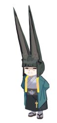 1girl aged_up bad_link big_eared_miyabi_(meme) black_hair blunt_bangs closed_eyes full_body highres hoshimi_miyabi japanese_clothes kimono meme old old_woman schuler solo standing very_long_ears white_background zenless_zone_zero