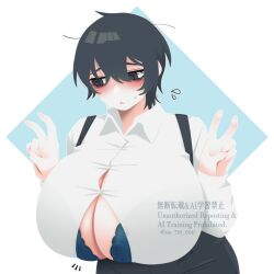 1girl black_hair bra breasts embarrassed female_focus genderswap genderswap_(mtf) huge_breasts no_710 sang_yi_(project_moon) short_hair underwear wardrobe_malfunction yi_sang_(project_moon)