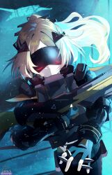 1girl absurdres armor artist_name black_armor black_gloves black_mask black_pants black_shrug blonde_hair bullet camouflage camouflage_jacket camouflage_pants closed_mouth covered_eyes dutch_angle eye_mask facing_viewer fingerless_gloves gloves gun hair_ornament highres holding holding_bullet holding_gun holding_weapon jacket long_hair pants ponytail rifle shrug_(clothing) sniper_rifle solo trigger_(zenless_zone_zero) weapon zenless_zone_zero zeroartwo
